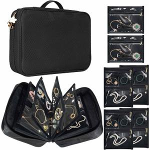 Travel Jewelry Organizer Case, Jewelry Storage Bag with Zipper Velvet Pockets, Portable Jewelry Case for Necklaces, Rings, Earrings, Bracelets