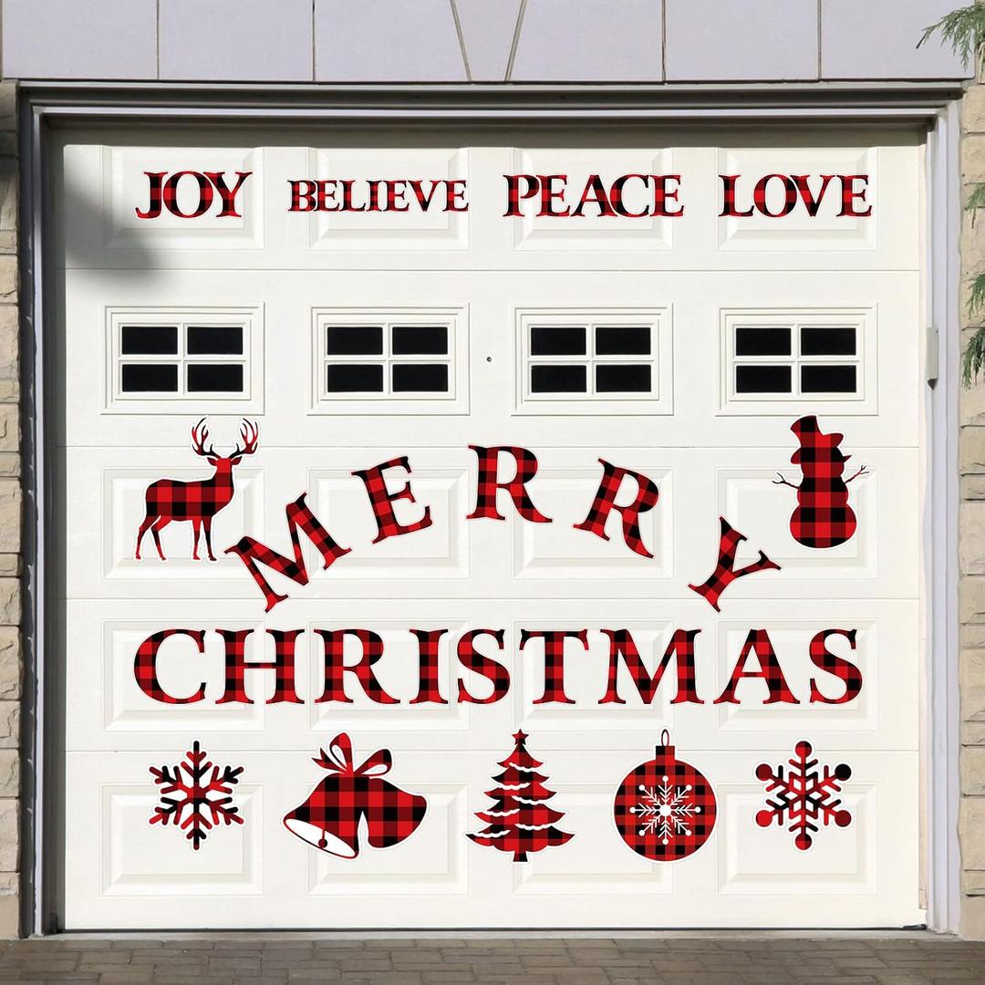 BBTO 25 Pcs Merry Christmas Garage Door Magnet Decorations Xmas Garage Door Decor Christmas Magnets Stickers for Fridge Kitchen Car Magnetic Indoor Outdoor Decorations (Plaid Style)