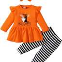 Noubeau My 1st Halloween Baby Girl Outfits Ruffle Pumpkin Print Tunic Drees Shirt Stripe Pants Legging Fall Winter Clothes (3-6 Months)