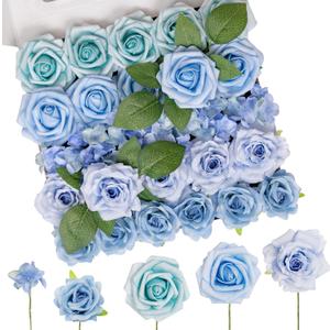 TINGE TIME Artificial Flowers 36pcs Real Looking Silk Flowers Fake Rose with Stems for DIY Wedding Bouquets Dusty Pink Bridal Shower Centerpieces Party Decorations (Provence Blue)