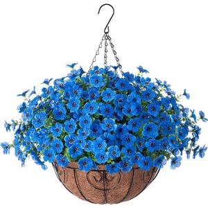 HyeFlora Artificial Fake Hanging Plants Flowers with Basket Outdoor Decor Faux Silk Daisy Flower Arrangements in Pot Planter for Porch Home Indoor Patio Garden Yard Decoration, Blue
