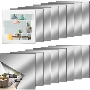 12" x 12" Acrylic Flexible Mirror Sheets, 16 Pack Self Adhesive Mirror Tiles Square Cuttable Mirror Wall Stickers, Non-Glass Plastic Mirror Stickers Safety Reflective for DIY Craft Home Wall Decor