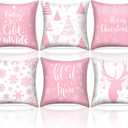 6 Pcs 18 x 18 inch Christmas Throw Pillow Covers Xmas Cushion Covers Pillow Cases Snowflake Winter Throw Pillow Covers Christmas Decor for Bedroom Sofa Couch Cushion Square Home (Pink)
