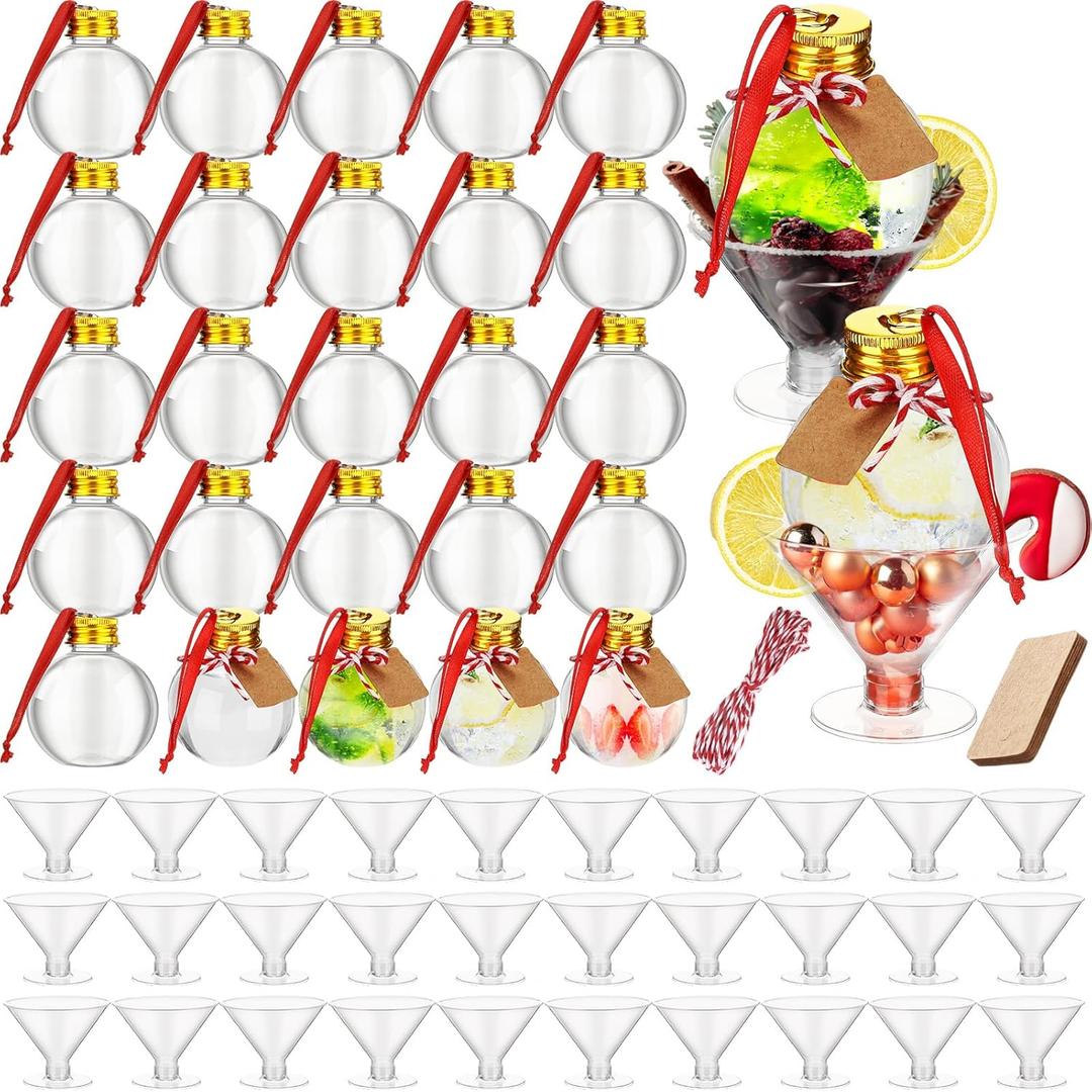 Baderke 25 Pcs 100ml Christmas Clear Fillable Drink Ornaments with 25 Pcs 4.6 oz Plastic Shrimp Cups Xmas Tree Balls Clear Spherical Bottles Hanging Pendant for Crafts Home Party Decor