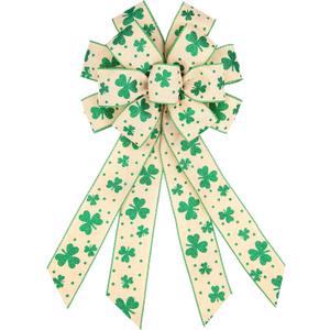 BUVANE St. Patrick's Day Wreath Bow,12 x 20 Inches Large Green Shamrock Irish Holiday Decoration Bow with Streamer Wired Edge Ribbon (Beige)