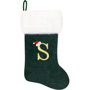 Eoocan 20 Inches Monogram Christmas Stockings Green Velvet with White Super Soft Plush Cuff Embroidered Xmas Stocking Classic Personalized Stocking Decoration for Family Holiday Season Decor(Letter S)
