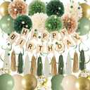 Green Birthday Party Decorations for Women Girls with Happy Birthday Banner, Tissue Paper Pompoms, Paper Tassel, Circle Garland, Hanging Swirl, Birthday Balloons for Party Decor (sage green)