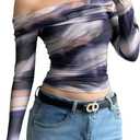 YOINS Women Off Shoulder Mesh Long Sleeve Tops Sexy Sheer See Through Shirts (L)