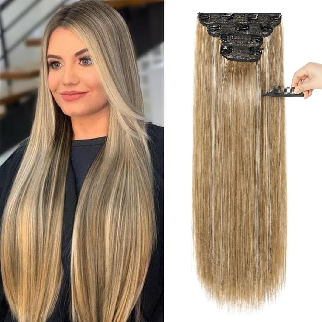 REECHO 28" Straight Long 4 PCS Set Thick Clip in on Hair Extensions - Dark Blonde with Highlights