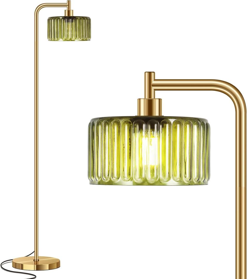 Floor Lamp for Living Room,Gold Floor Lamp with Green Glass Shade,Modern Standing Lamps with 3000K Warm Light Bulb,Vintage Tall Light for Bedroom Office Reading Room Corner