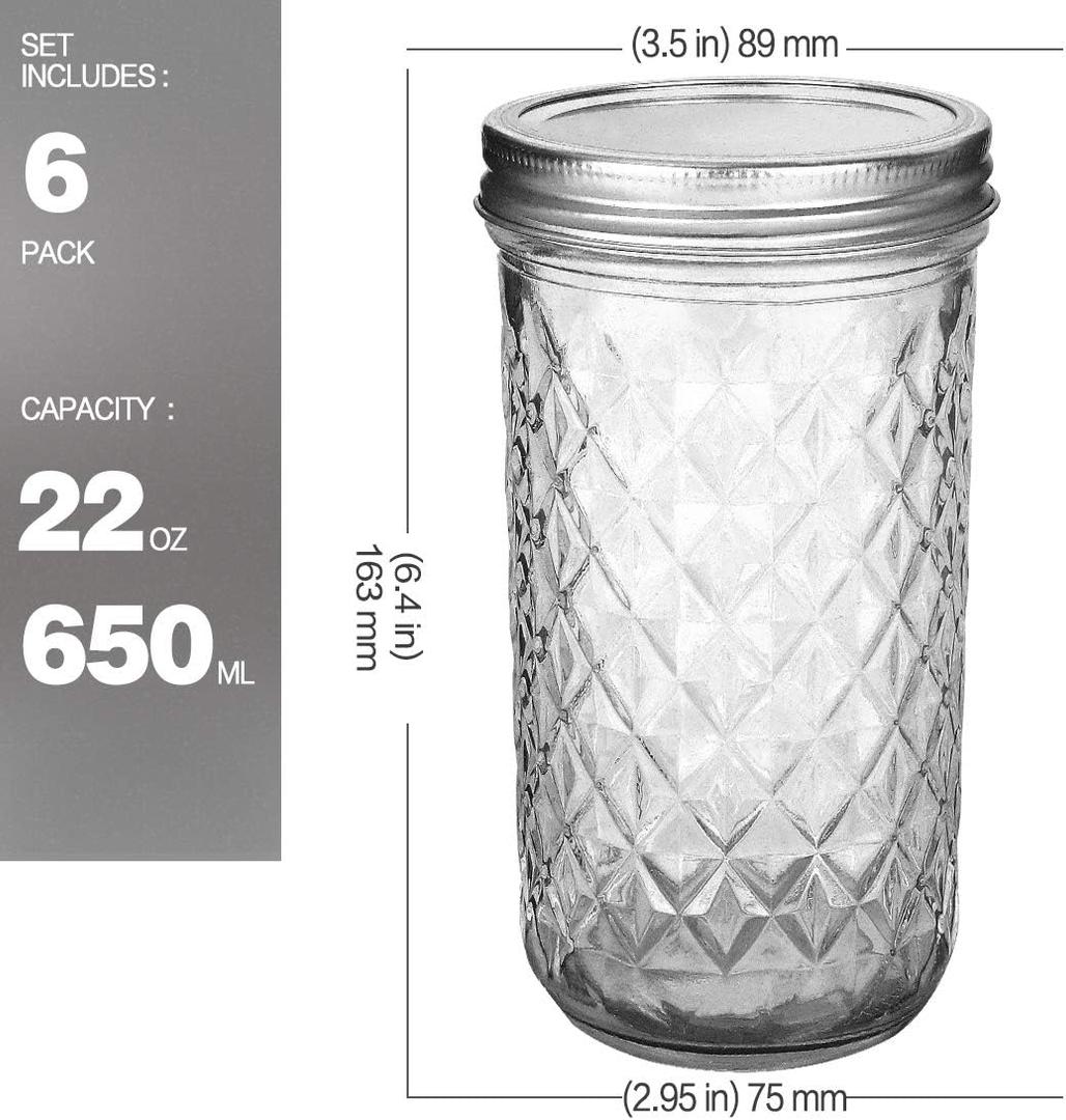 VERONES Wide Mouth Mason Jars 22 oz, 22 OZ Mason Jars Canning Jars Jelly Jars With Wide Mouth Lids, Ideal for Jam, Honey, Wedding Favors, Shower Favors, 6 PACK,EXTRA 6 Lids with Straw Hole