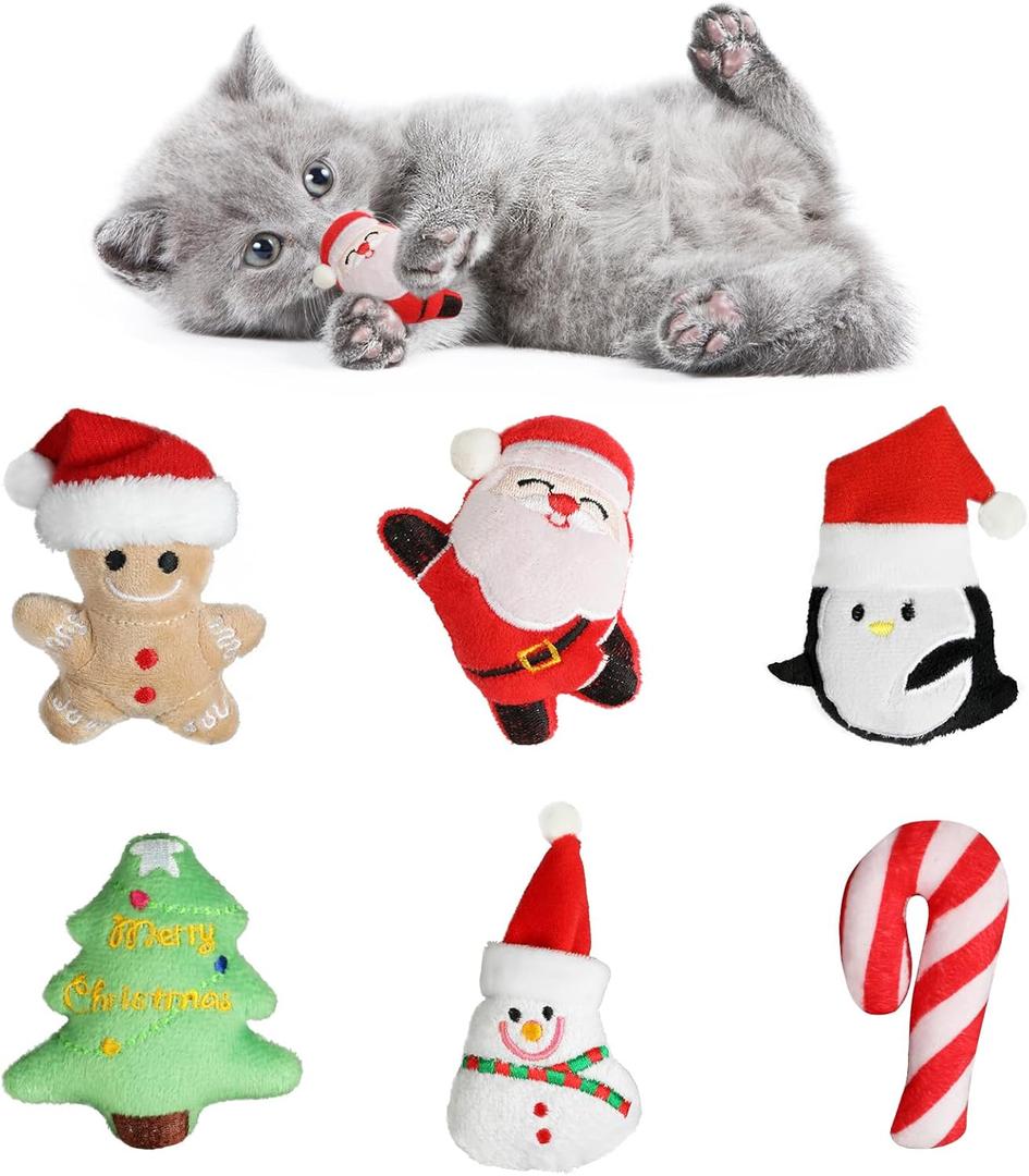 FOIMAS 6pcs Christmas Catnip Toys,Xmas Cat Toys Plush Santa Claus Snowman Tree Interactive Chew Bite Toys for Cat Kitten Indoor