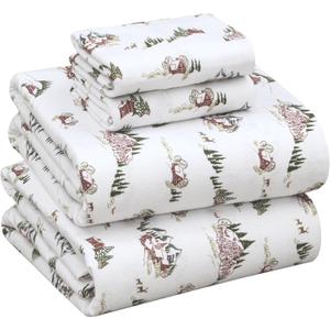 RUVANTI Flannel Sheets Queen Size - 100% Cotton Double Brushed Bed Sheets, Deep Pockets 16 Inches Queen Sheet Set, All Seasons Breathable & Extra Soft - Warm & Cozy, 4 Piece, Hilly Huts