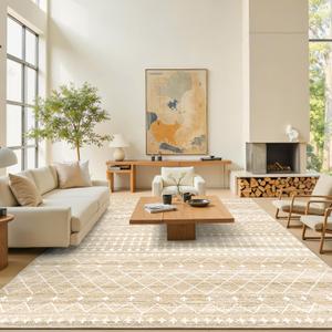 Miukiki 9x12 Area Rug for Living Room Moroccan Washable Rugs Non Slip Indoor Floor Carpet Foldable Large Soft Area Rug for Dining Room Bedroom with Low Pile(Beige,9'x12')