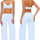 ABOCIW Two Piece Workout Sets for Women V Neck Halter Sports Bra Straight Leg Yoga Pants Gym Pilates Outfits (Blue, S)