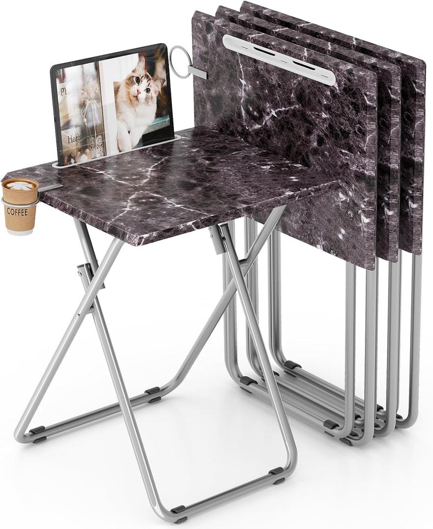 Folding TV Tray Table with Cup Holder, TV Dinner Table with Sturdy MDF Top, Eating Trays with Tablet Slot for Living Room, Bedroom, Sofa (Black Marble, 4Pcs)