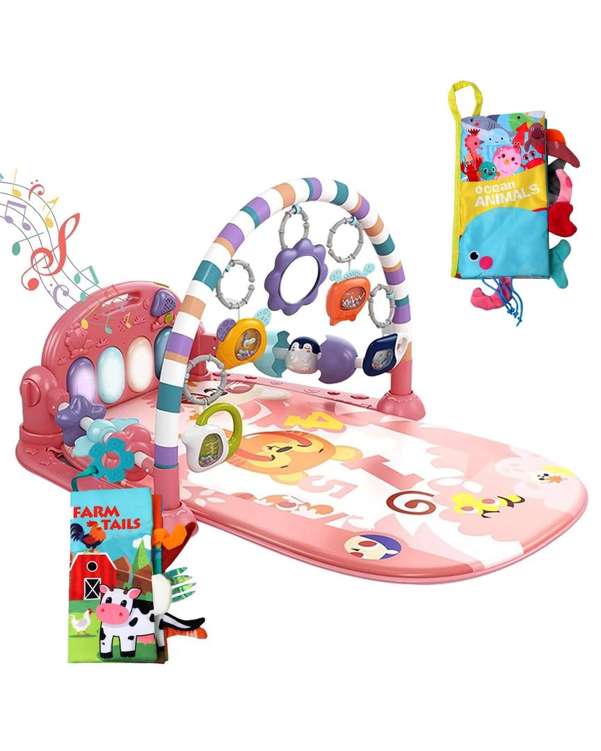 dearlomum Baby Play Mat Baby Gym,Funny Play Piano Tummy Time Baby Activity Mat with 5 Infant Sensory Baby Toys & 2 Baby Book Toys, Boy & Girl Gifts for Newborn 0 to 3 6 9 12 Months(Pink) (Baby Book Toys(Pink))