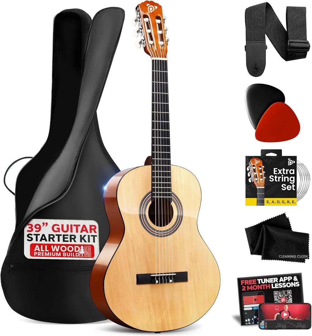 Pyle Beginner Acoustic Guitar Kit, 4/4 Full Size All Wood Instrument with Full Accessory Kit, Picks, Shoulder Strap, Carry Case, Cleaning Cloth, Tuner App, 2 Month Lessons, 39 (2) Ash, Gloss)