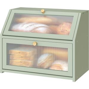 Green Bread Box for Kitchen Counter, Large Bamboo Wood Double Layer Bread Box, Wooden Bread Storage Capacity