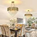 Modern Crystal Chandelier Gold Pendant Light Fixtures, Round Crystal Pendant Lighting for Dining Room, Living Room, Bedroom, Restaurant, E12 x 8, 22inch