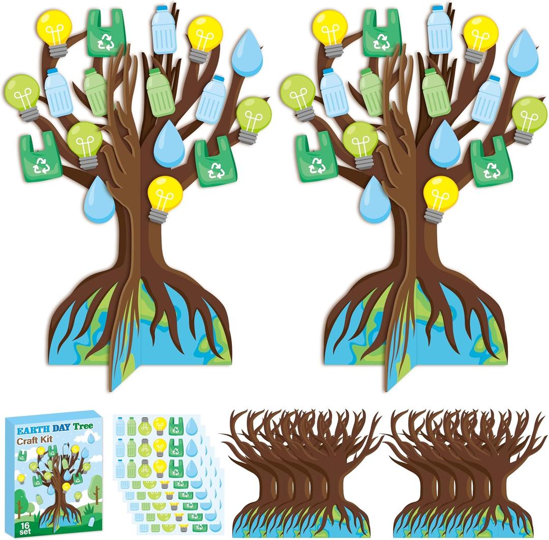 WATINC Earth Day Tree Craft Kits - Make Your Own Environmental Day Trees Decoration, DIY Earth Accessories Party Holiday Celebration Craft Supplies Home School Educational Activity for Kids (16 Pack)