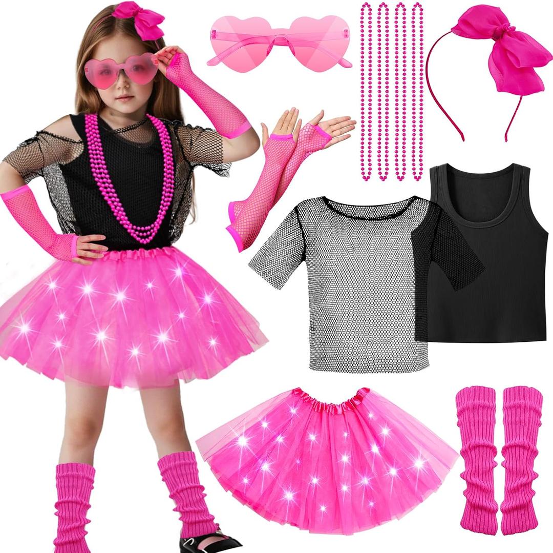 13pcs Girls 80s Outfit Costume Accessories Light Up Tutu Shirt Outfits Halloween 1980s 90s Theme Retro Party (S-for height 40-44in)