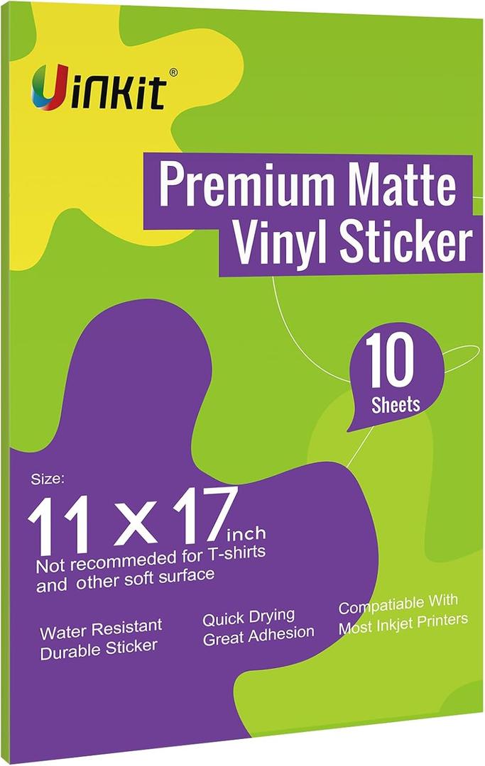 Uinkit Printable Premium Vinyl Sticker for Inkjet Printer 11x17 inch 10Sheets Matte White Sticker Paper Waterproof Adhesive Vivid Colors