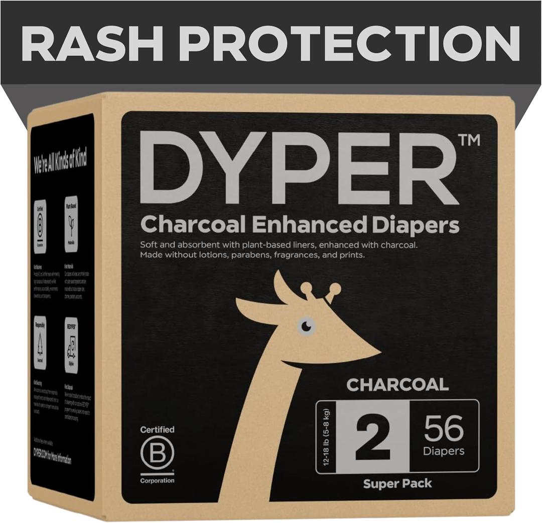 DYPER - Charcoal Enhanced Day & Overnight Disposable Baby Diapers - Made with Plant-Based* & Skin-Friendly Ingredients, Hypoallergenic for Sensitive Skin - Size 2, (56 Count)