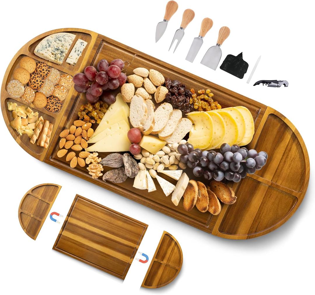 Extra Large Charcuterie Boards, 30'' x 13'' Acacia Cheese Board 3 Part Magnetic Long & Round Boards with Knife Set, Opener & Cheese Marker, Unique Serving Tray for Birthday, Wedding Gift