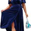 BerryGo Women's Velvet V Neck Wrap Semi Formal Dress Cocktail Party Maxi Dress for Wedding Guest 1XL Navy Blue