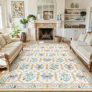 LIVEBOX Beige 8x10 Area Rug for Living Room, Vintage Washable Floral Rug for Bedroom Girls, Soft Non-Slip Rugs with Butterfly and Bee Pattern, Large Throw Carpet for Dining Room, Nursery Home Decor