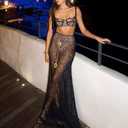 Women 2Pcs Lingerie Set Lace See-Through Sleeveless Camisoles High Waist Long Skirts with Chain Sleepwear (Black, M)