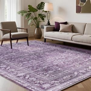 OPPODREAM Vintage Purple Area Rugs 5x7, 5 x 7 Retro Washable Rug Non Slip, Low-Pile Faux Wool Carpet, Distressed Floor Mat for Living Room, Bedroom, Kitchen, Office, Dorm, Dinning Room