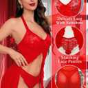 Women Lingerie Sexy Open Front Lace Babydoll Dress with Thong Halter Mesh Nightgown (Red, S)