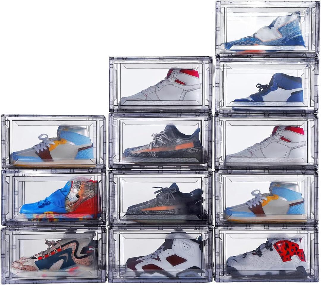 12 Pack Acrylic Clear Shoe Boxes Ultra Clear Plastic Stackable Sneaker Storage For Sneakerhead. Professional Grade Shoe Display Case with Magnetic Door .Boots and Hat Organizer.Fits US Size 15 (Black)