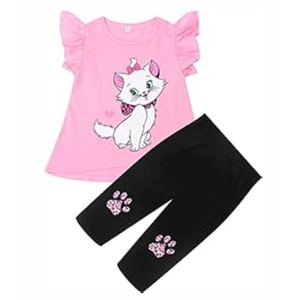 Popshion Kids Girls Summer Outfit Flutter Sleeve Low High Cat T Shirt Capris Leggings Toddler 2 Piece Kitty Clothes Set 4-5 Years/ 5t