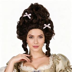 Brown Colonial Victorian Wigs for Women with 2 Bow Clips Fluffy Baroque Renaissance Vintage Wig Rococo Wig Costume Outfit for Halloween Cosplay Party + Hair Cap