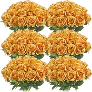 Jexine 50 Pcs Artificial Rose Flower Bulk Realistic Silk Fake Roses with Long Stem Plastic Artificial Flower Bouquet Real Looking for Home Wedding Centerpieces Party Decoration(Gold)