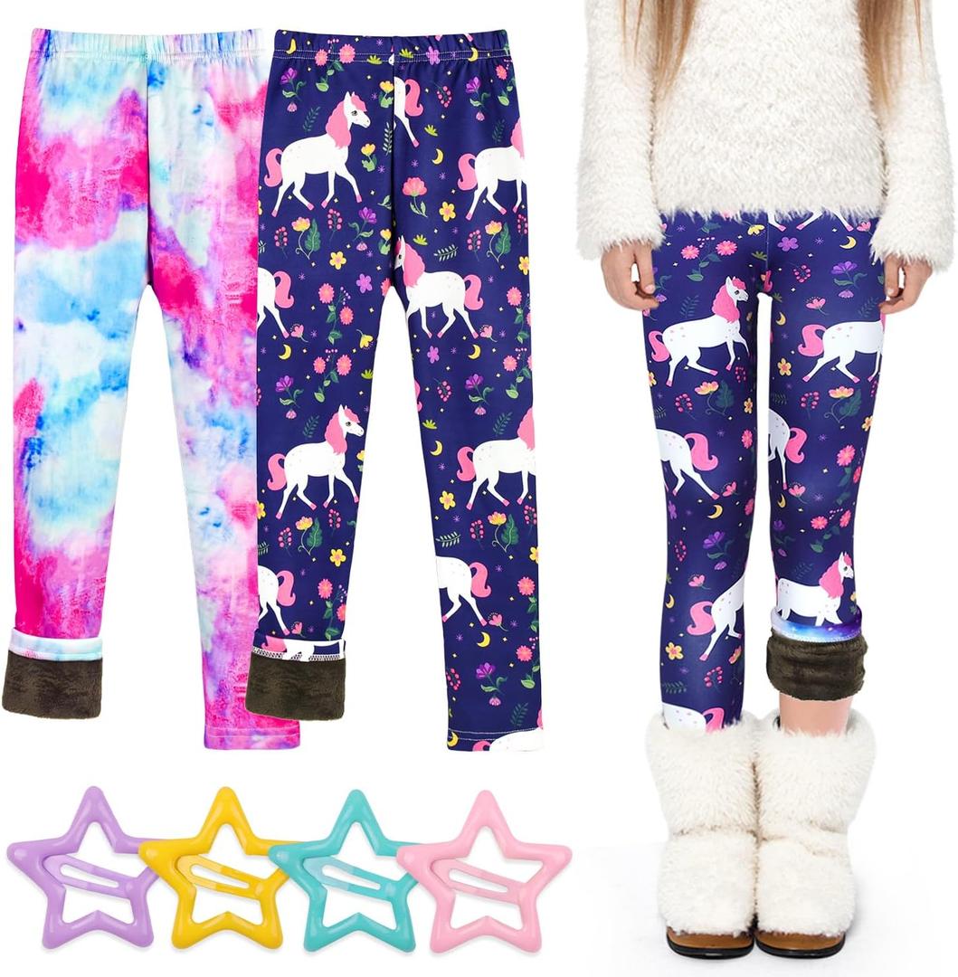 ZeriLion 2 Pack Girls Fleece Lined Leggings  Warm Stretchy Winter Pants for School & Outdoor Play, Size 4-10 Years (6-7 Years)