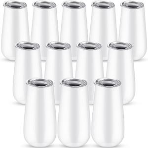 Patelai 12 Pieces 6 oz Stemless Champagne Flutes Wine Tumbler Double-Insulated Cocktail Cups Unbreakable Reusable Champagne Toasting Glass with Lid for Wine Cocktail Wedding Birthday Party (White), 5.7 Ounces