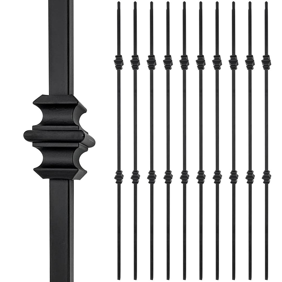 Wrought Iron Balusters (Set of 10),1/2 inch Hollow Double Knuckle Balusters,Decorative Metal Balusters Spindles for Decks,Spiral Stair Railing,Satin Black Metal Railing - D07