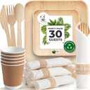 Palm Leaf Bamboo Plates & Pre-Rolled Bamboo Cutlery Party Set - 10 & 7'' Compostable Plates Elegant Pre-Rolled Utensils, Napkins , Cups for Weddings, Events, and Special Occasions For 30 Guests