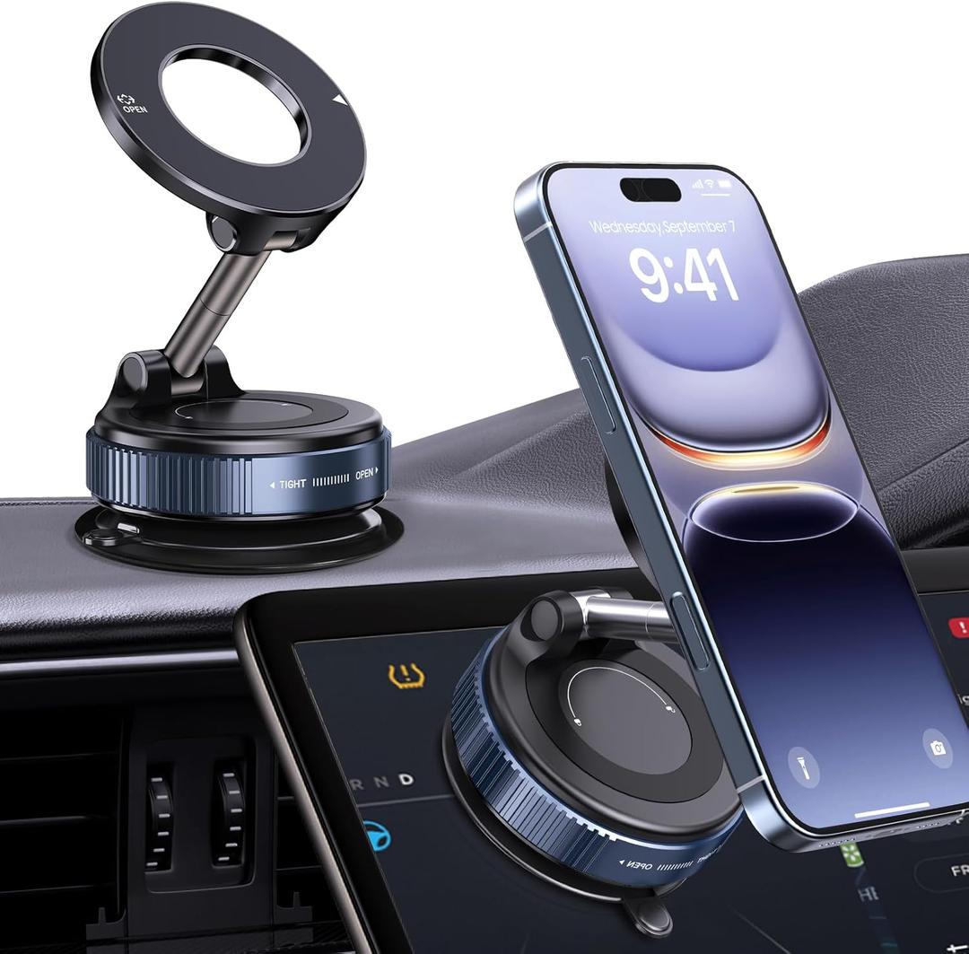 3 x 360 Rotatable Vacuum Magnetic Phone Holder, Foldable and Retractable Suction Cup Car Phone Mount for Car/Gym/Mirror/Smooth Surface, Compatible with iPhone Android and All Smartphones (Black)