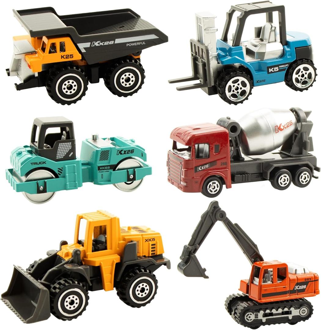 BenRich 6 Pcs Mini Die Cast Toy Set 1/64 Scale Alloy Construction Model Vehicles - Excavator, Dump Truck, Bulldozer, Forklift, Mixer Truck, Road Roller Toys Car for Boys Girls Birthday Present (Multicolored)