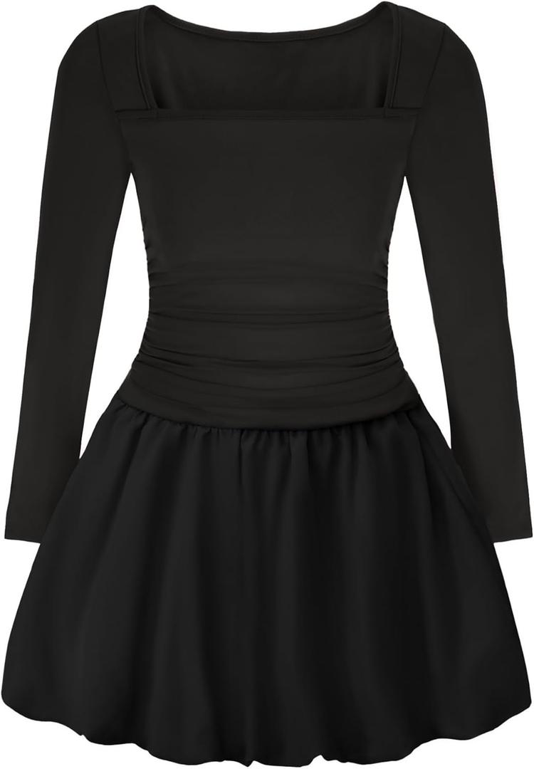 EXARUS Girls Dress Off The Shoulder Bodycon/Bubble Long Sleeve Teen Ruched Homecoming Dance Party Prom Tween Dresses (14 Years, Square Neck Bubble Black)