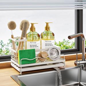 Sink Caddy with Removable Brush Holder, Stainless Steel Self Drain Kitchen Organizer, Dish Soap Dispenser Storage Accessories (White)
