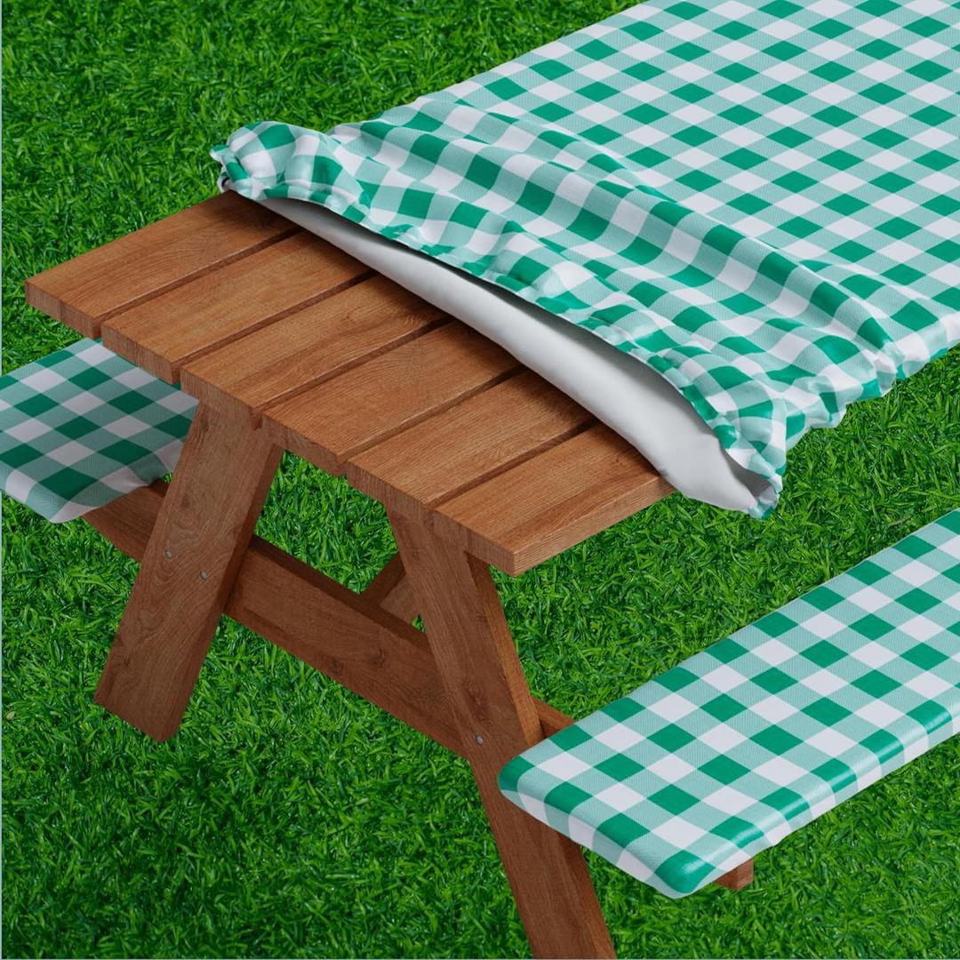 Sorfey Picnic Table Cover with Bench Covers -Fitted with Elastic, Vinyl with Flannel Back, Fits for Table 30"x 60" Rectangle,Water Proof, Checked Green Design