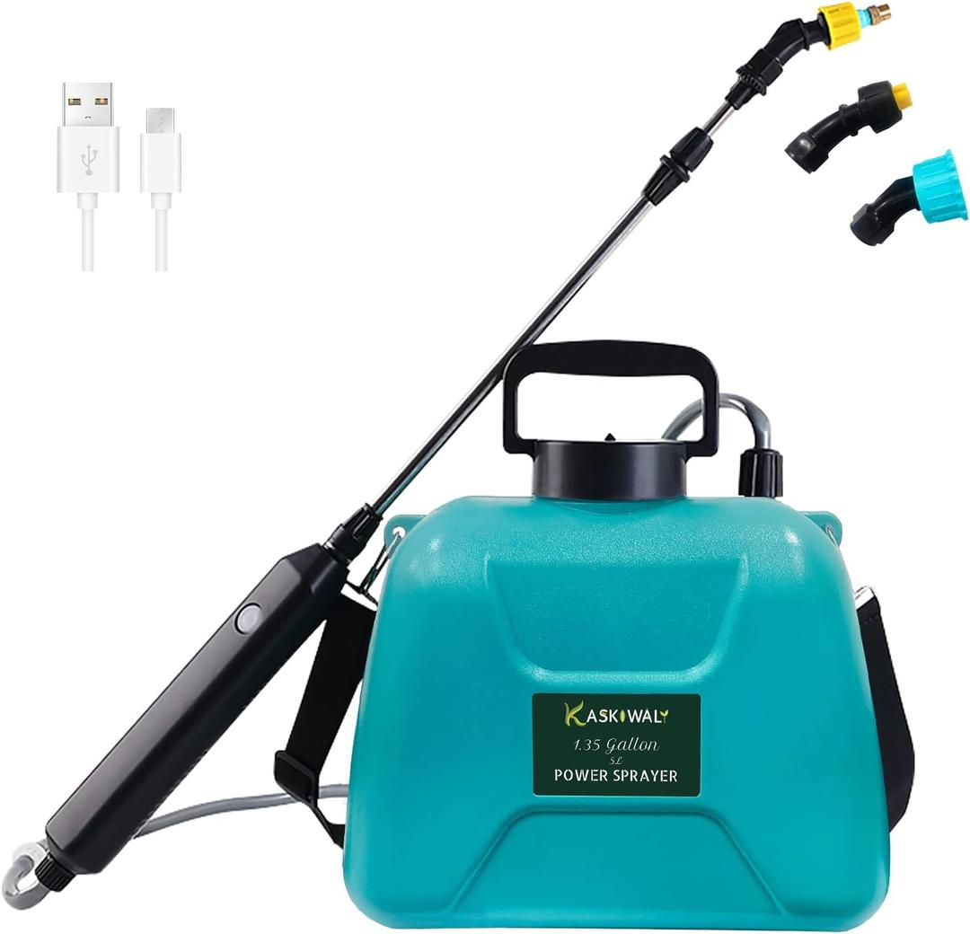 Battery Powered 1.35 Gal Lawn Water Sprayer with USB Rechargeable Handle, Telescopic Wand and 3 Mist Nozzles, Portable Electric Garden Sprayer with Shoulder Strap for Cleaning