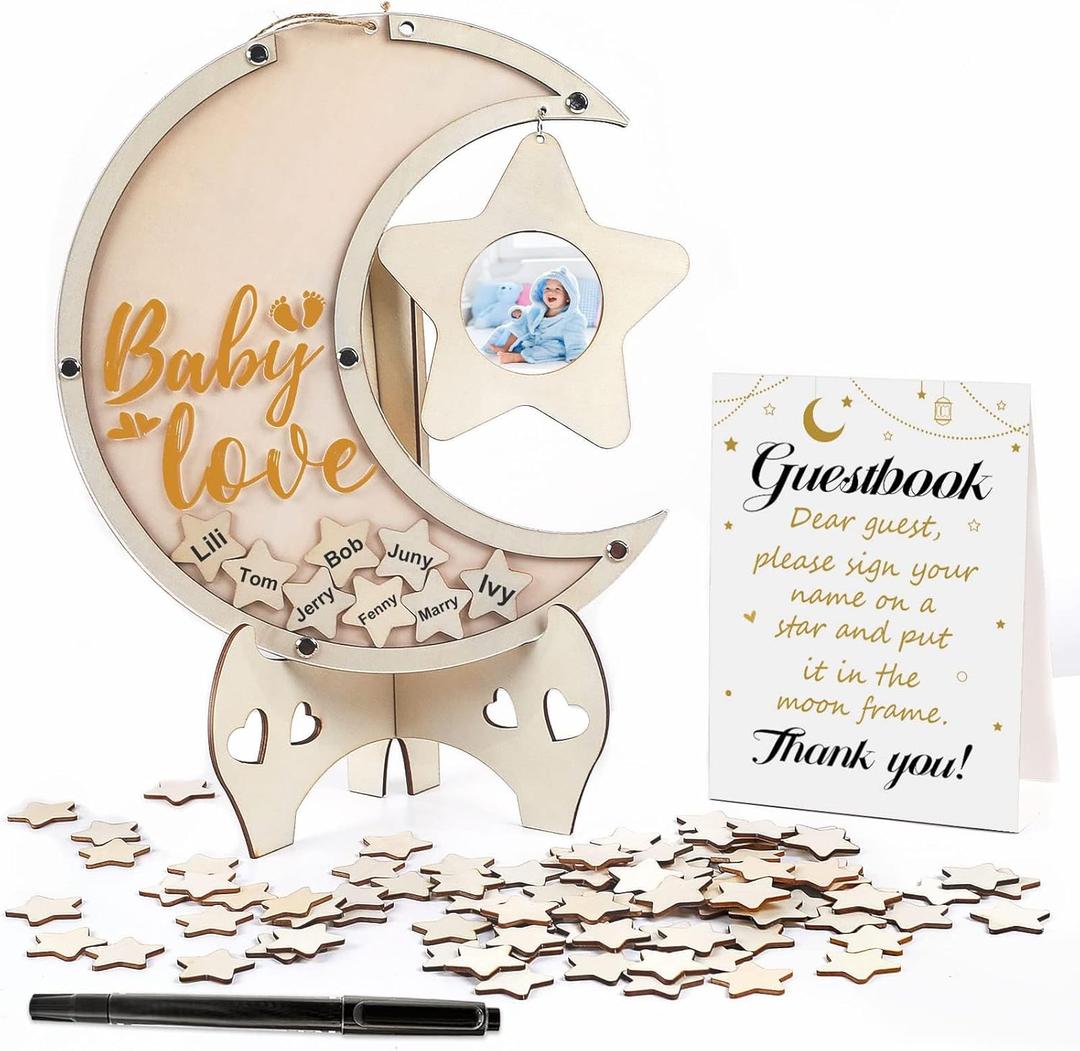 Baby Shower Guest Book Alternatives Moon Guest Book for Baby Shower Guest Book Frame with Star Baby Shower Decorations Guest Book Alternative for Wedding Boys Girls Birthday Party Keepsake(Brown)