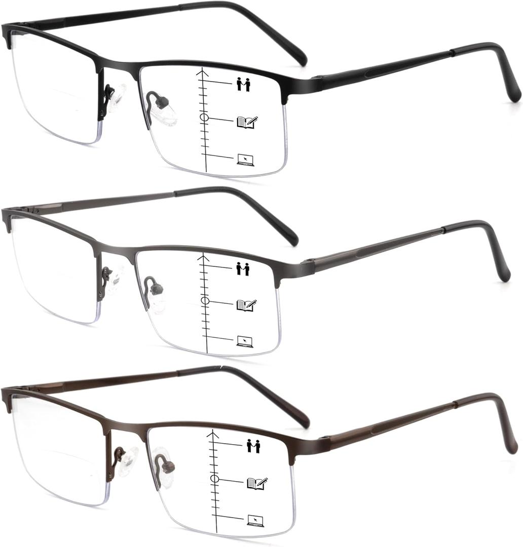Progressive Reading Glasses for Men, Lightweight Metal Multifocus Readers, Premium Half Frame Blue Light Blocking Eyeglasses+1.25 (Blackbrowngun)